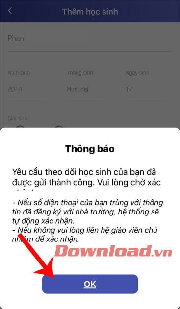 Thông báo 'Yêu cầu theo dõi học sinh của bạn đã được gửi'