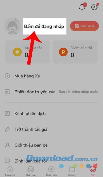 Chạm vào phần Bấm để đăng nhập