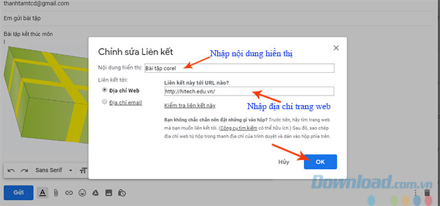 Nhập Nội dung hiển thị, Địa chỉ web và bấm OK