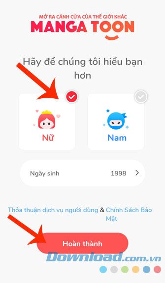 Lựa chọn giới tính và đặt ngày sinh