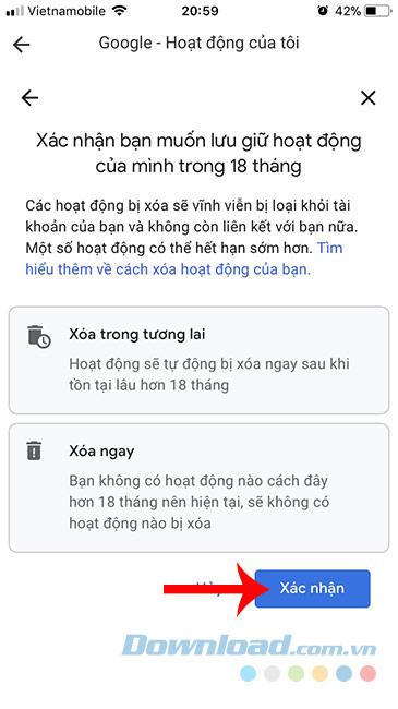 Xác nhận thiết lập xóa lịch sử YouTube