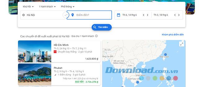 Giao diện chính của Google Flights