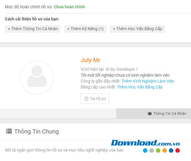 Thêm thông tin vào hồ sơ trên Vietnamworks