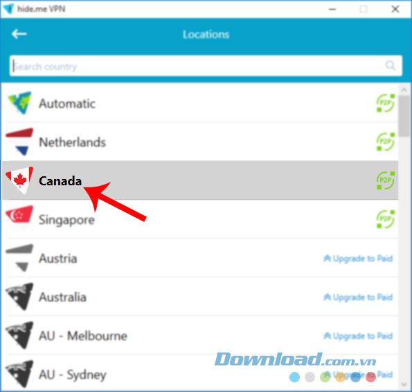Chọn vùng VPN mới