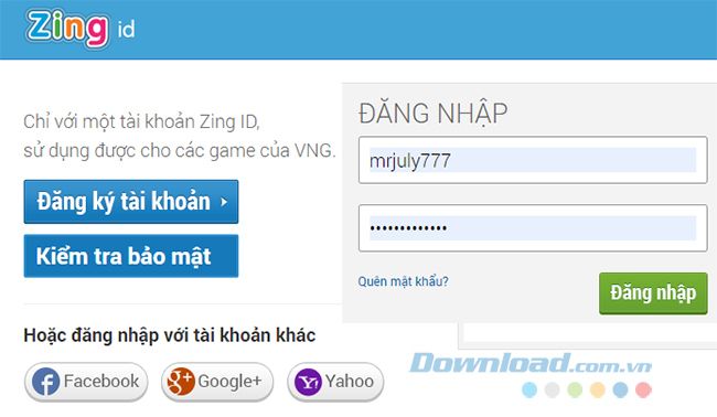 Dang nhap tai khoan Zing