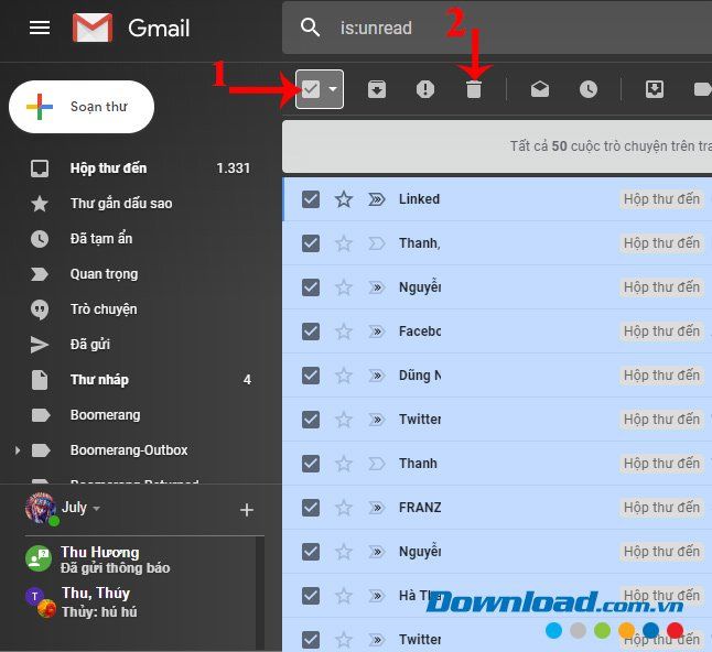 Chọn email cần xóa trong Gmail