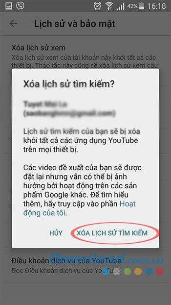 Xác nhận xoá lịch sử tìm kiếm trên YouTube