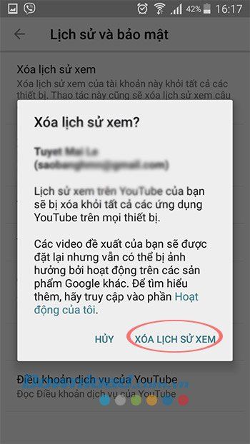 Xác nhận xoá lịch sử xem trên YouTube