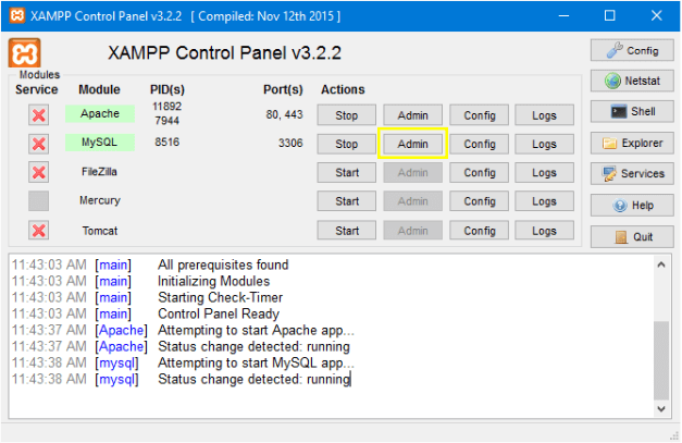 Nút Admin trên XAMPP