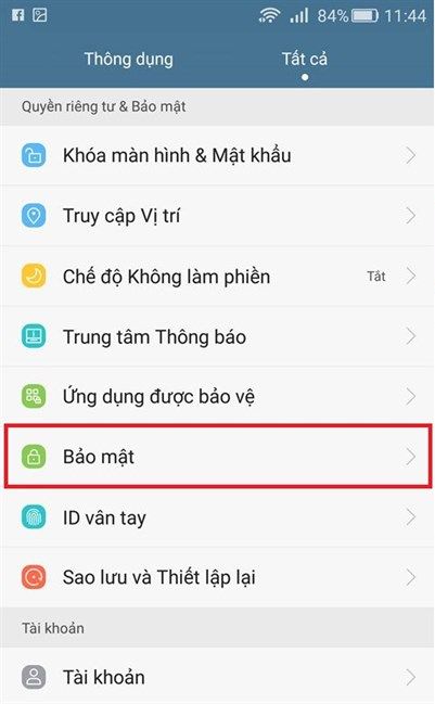 Chọn cài đặt bảo mật