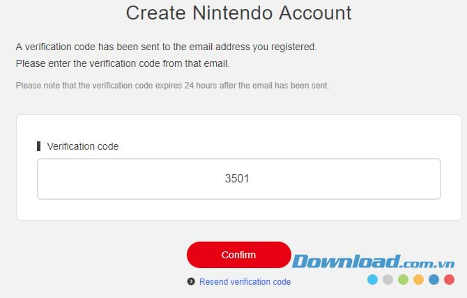 Nhập mã xác nhận để tạo tài khoản Nintendo