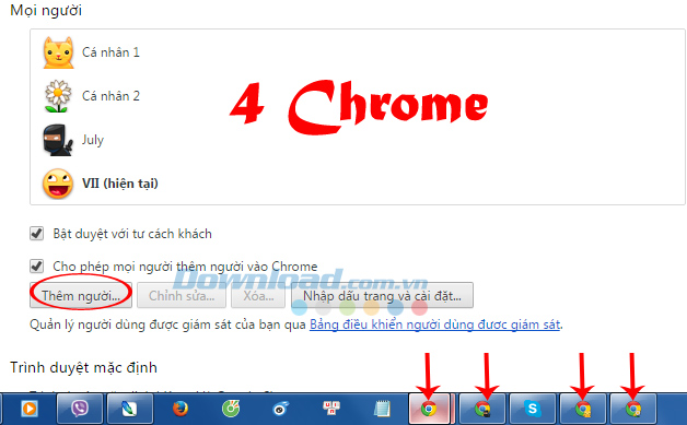 4 tài khoản Chrome được đăng nhập 4 tài khoản Gmail