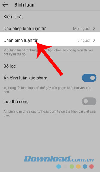 Chạm vào mục Chặn ý kiến từ