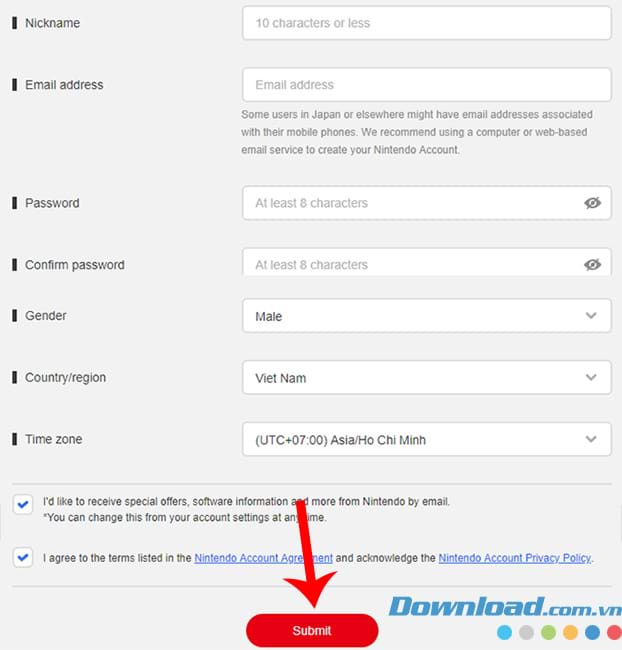 Nhập thông tin để đăng ký tài khoản Nintendo