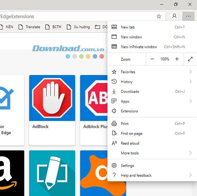 Thanh menu mở rộng của Microsoft Edge dựa trên nền tảng Chromium