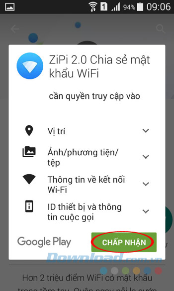 Chấp nhận cài đặt ZiPi