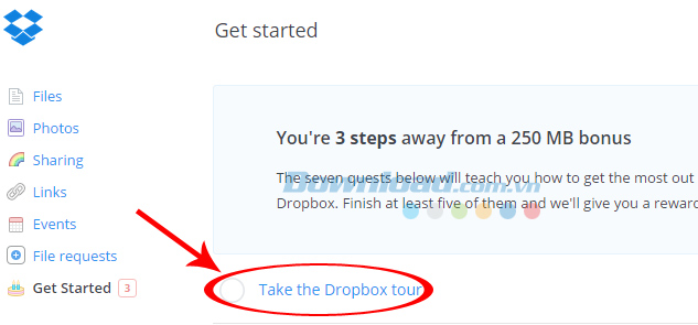 Nhấp vào tiếp tục với Dropbox Tour