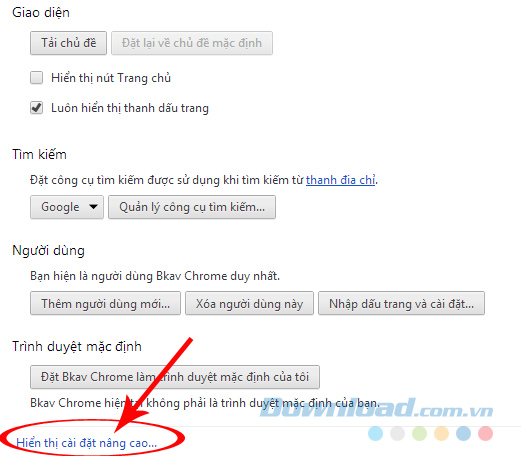 Hiển thị cài đặt nâng cao trên Bchrome