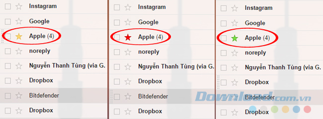Các email được đánh dấu sao khác nhau
