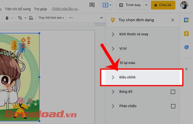 Click chuột vào mục Điều chỉnh