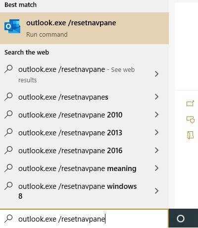 Sử dụng lệnh reset bảng điều hướng trong Outlook