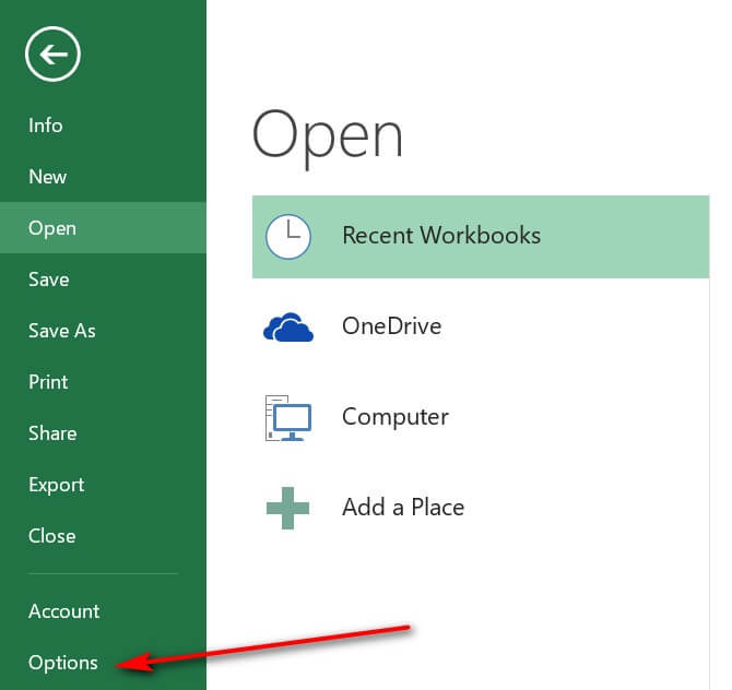 Mở phần Tùy chọn trên Microsoft Excel
