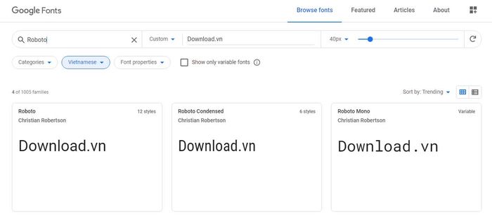 Vào trang web Google Fonts