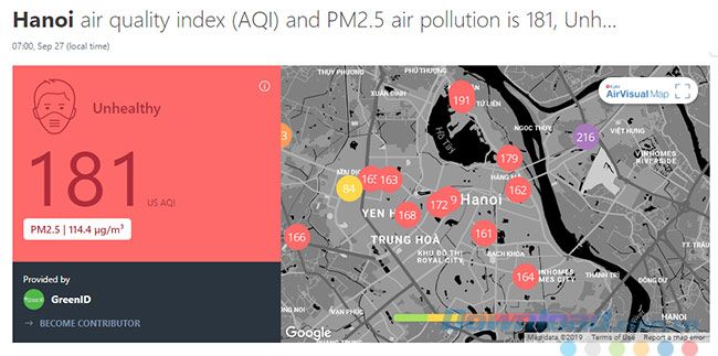 Kiểm tra mức độ ô nhiễm không khí tại Hà Nội trên bản đồ