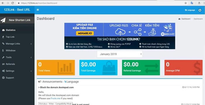 Bảng điều khiển trên 123link.co