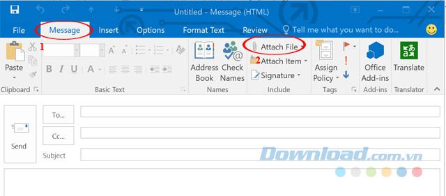 Đính kèm tập tin với Outlook 2016