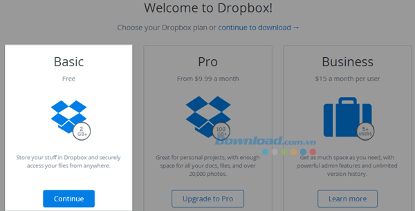 Chọn gói Dropbox Basic - 2GB miễn phí