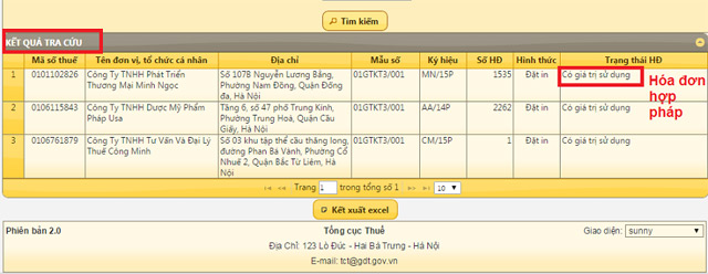 Kết quả tìm kiếm hóa đơn