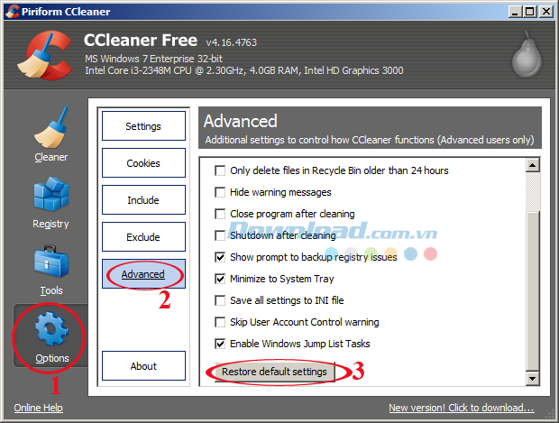 Làm thế nào để đặt lại cài đặt gốc của CCleaner?