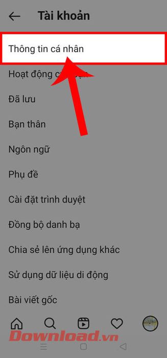 Chạm vào phần thông tin cá nhân