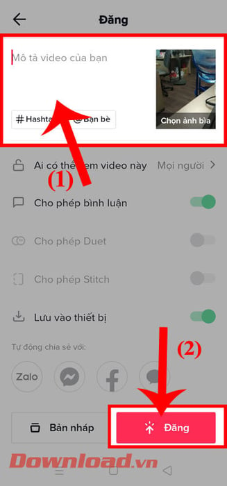 Viết phụ đề cho video và nhấn nút Đăng