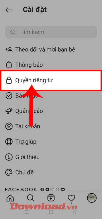 Chọn mục Quyền riêng tư