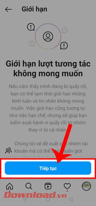 Bấm vào nút Tiếp tục