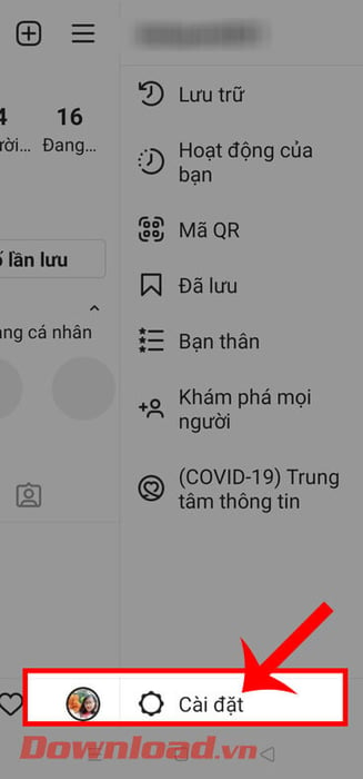 Chạm vào phần Cài đặt