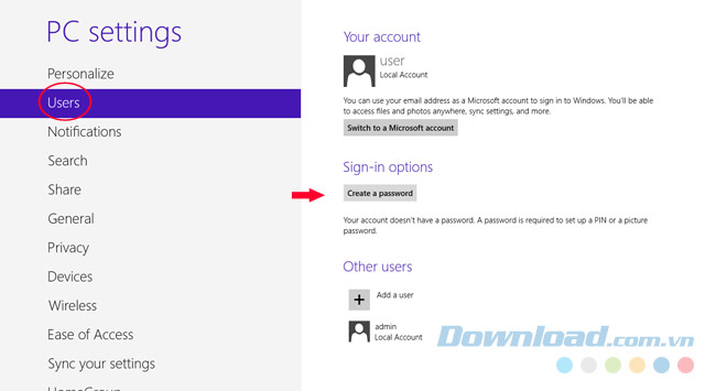 Tạo mật khẩu cho Windows 8