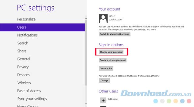 Giao diện thay đổi mật khẩu Windows 8