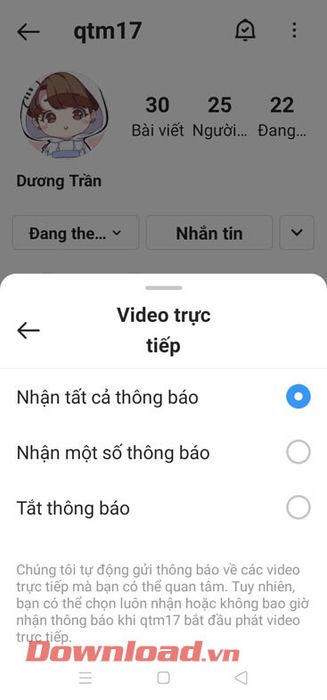 Thông báo video trực tiếp đã được bật