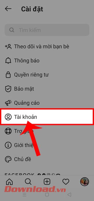 Chọn vào Tài khoản