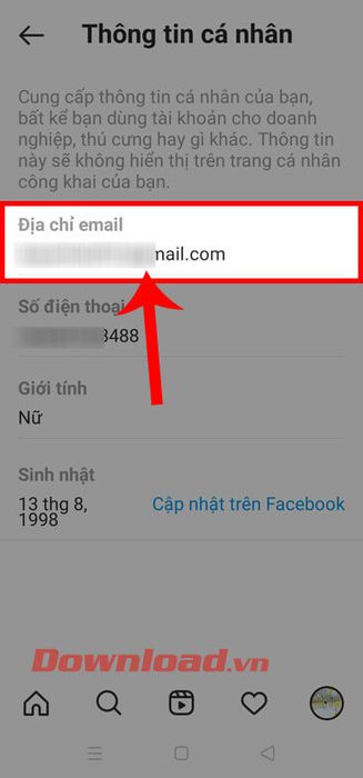 Nhấn vào địa chỉ email hiện tại