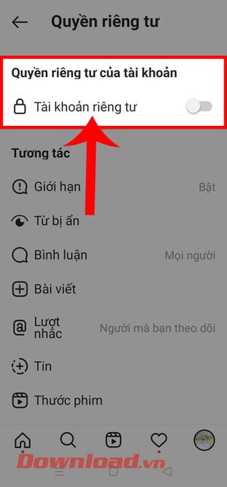 Bật công tắc tại mục Tài khoản riêng tư