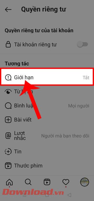 Chạm vào mục Giới hạn