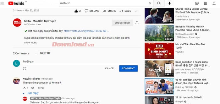 Để lại bình luận trực tiếp trên kênh YouTube