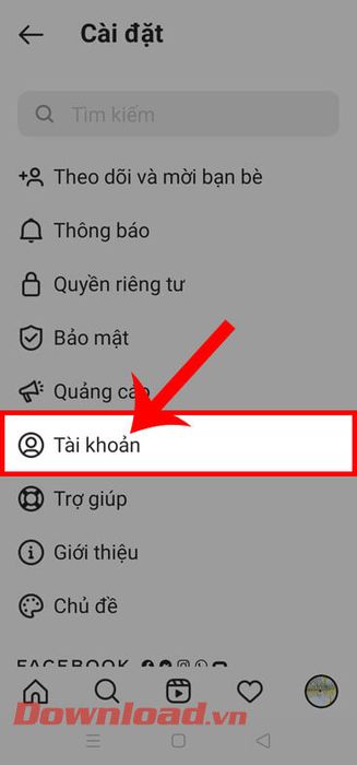 Nhấn vào mục Tài khoản