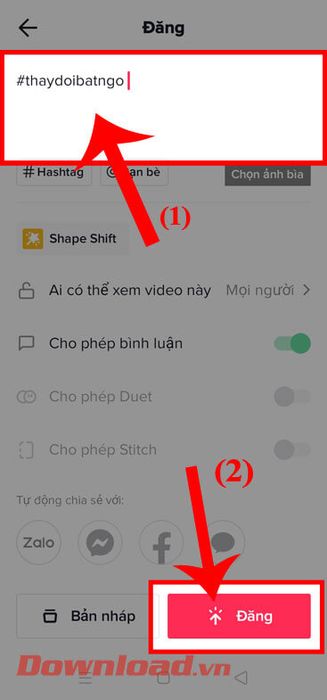 Viết phụ đề và nhấn nút Đăng