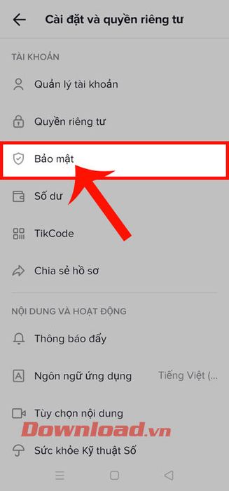 Nhấn vào mục Bảo mật