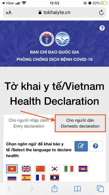 Giao diện chính của Biểu mẫu khai báo y tế